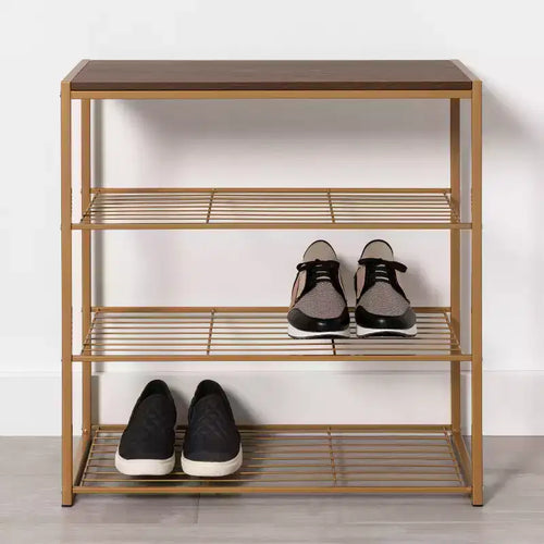 Meuble à chaussures à 4 niveaux, laiton et bois de noyer