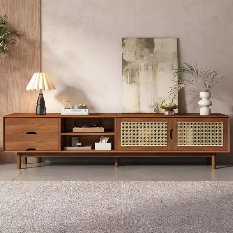 79 TV Stand for TVs up to 85 TV Console Media Console Walnut TV Cabinet Media Entertainment Center with Rattan Soft-close Door&Drawers - ModernLuxe
