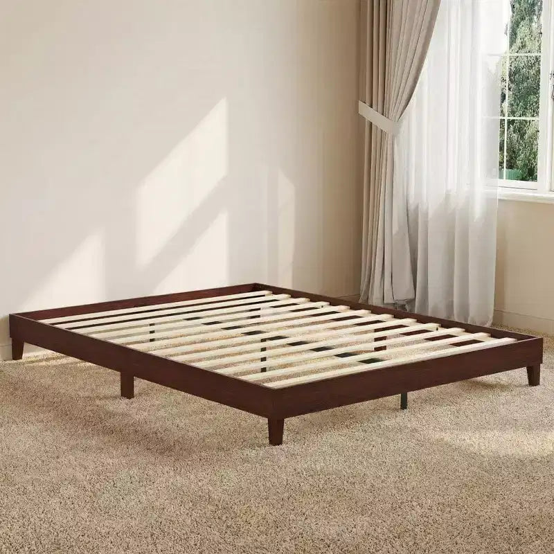 Queen Size Bed Frame 9 Inch Natural Sturdy Wood Platform Bed Without Headboard Wooden Bed Frame with Strong Wood Slats Support