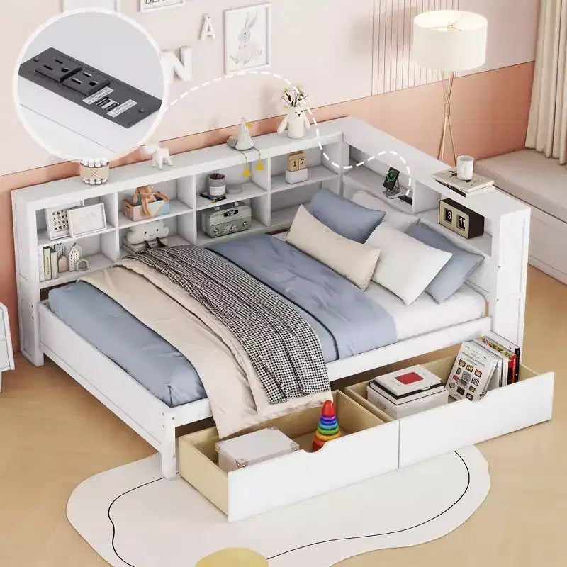 Wooden Full Daybed with 2 Drawers Storage Shelf and USB Charging Ports White