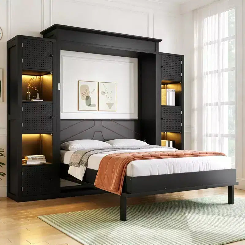 Luxystar Modern Queen Murphy Bed with 10 Storage Shelves and Upholstered Headboard Black