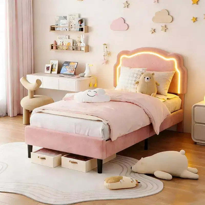 Upholstered Twin Platform Bed for Kids with Adjustable Bear-Shaped Headboard Storage Drawer Wooden Slats Noise-Free No Box Seasonal Needed