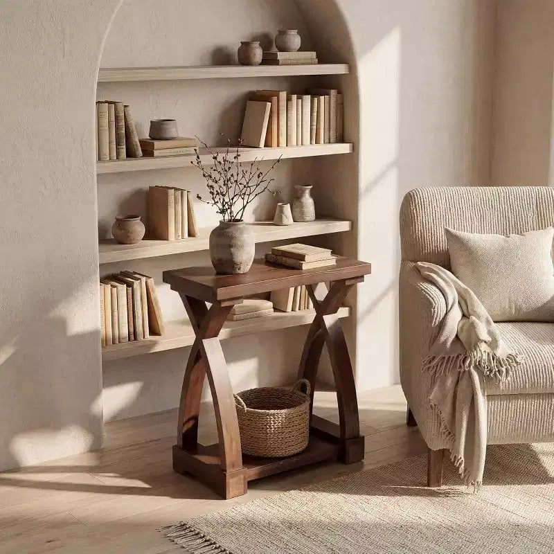 Lantine Solid Wood End Table Small Side Table with Storage Shelf 2-Tier Narrow End Table for Living Room Bedroom Small Spaces