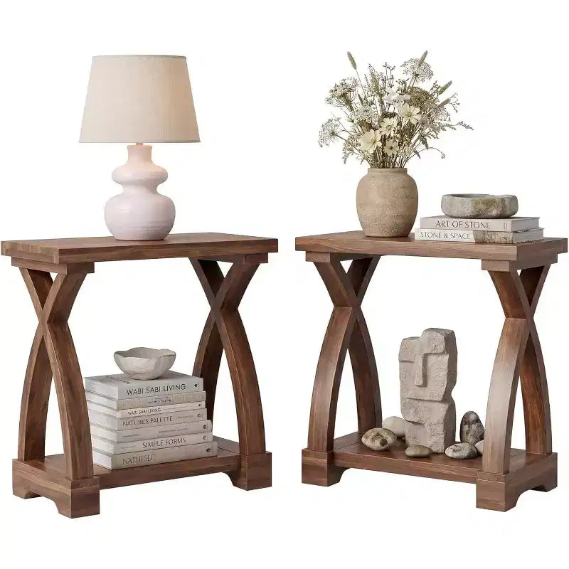 Table d'appoint en bois massif avec étagère de rangement