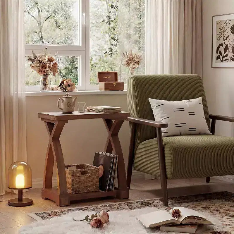 Table d'appoint en bois massif avec étagère de rangement