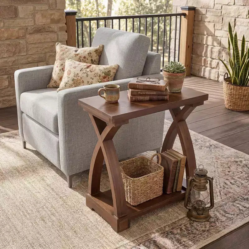 Table d'appoint en bois massif avec étagère de rangement