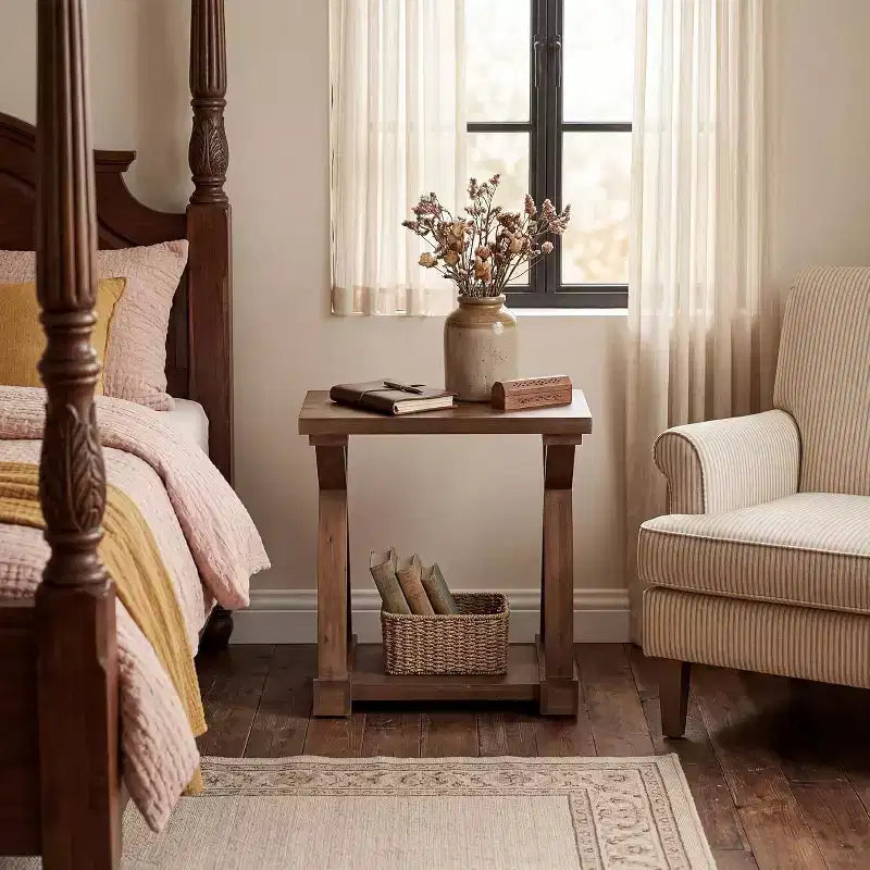 Table d'appoint en bois massif avec étagère de rangement