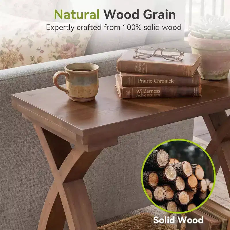 Table d'appoint en bois massif avec étagère de rangement