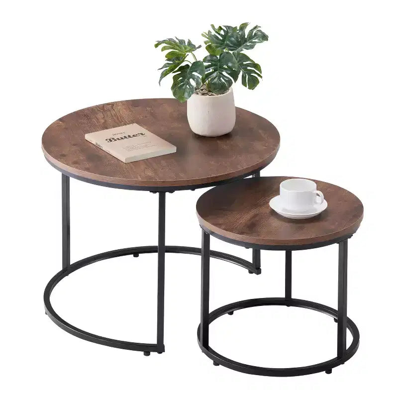 2 Piece Vintage Brown Black Nesting Coffee Table Set 23.6 Round Metal Frame End Side Tables for Small Living Space