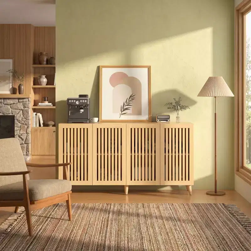 JVNOXK Mid Century Modern Fluted Wood TV Stand for Up to 70 TV Boho Media Console with Storage Cable Management & Angled Legs