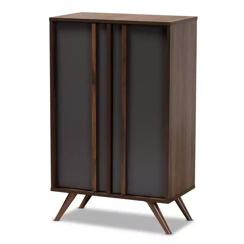 2 Door Naoki Two-Tone Wood Shoe Cabinet Gray/Walnut - Baxton Studio: Storage for Entryway Holds 15 Pairs
