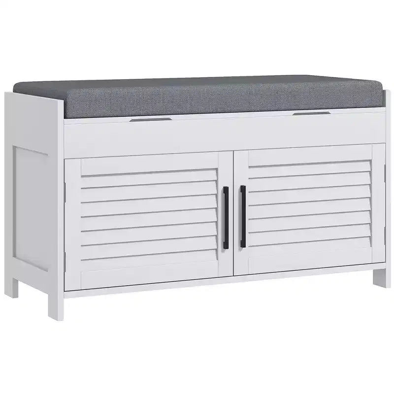 HOMCOM Shoe Bench Modern Entryway Bench with Cushion and Hidden Compartments 35.4 Shoe Organizer with Adjustable Shelves and Shutter Doors White