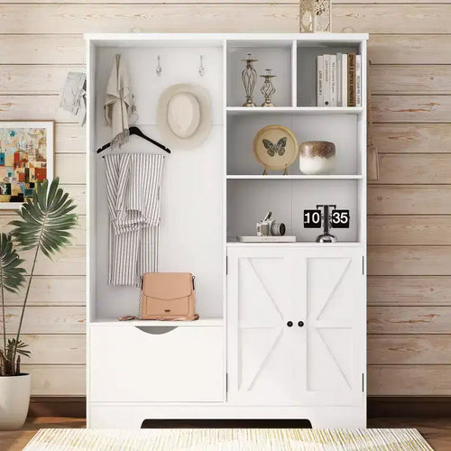 52.7W 5-in-1 Hall Tree with 7 Hooks Shoe Cabinet and Entryway Storage Bench Modern Coat Rack with Storage Shelves 4Q - ModernLuxe