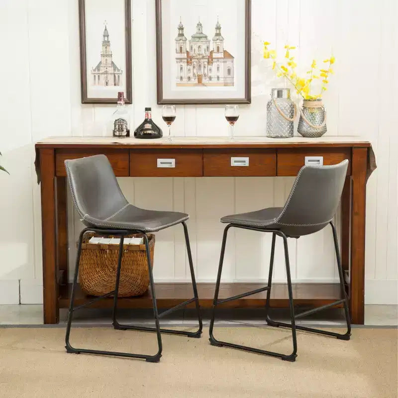 Roundhill Furniture Lotusville Vintage PU Leather Counter Height Stools Antique Gray Set of 2